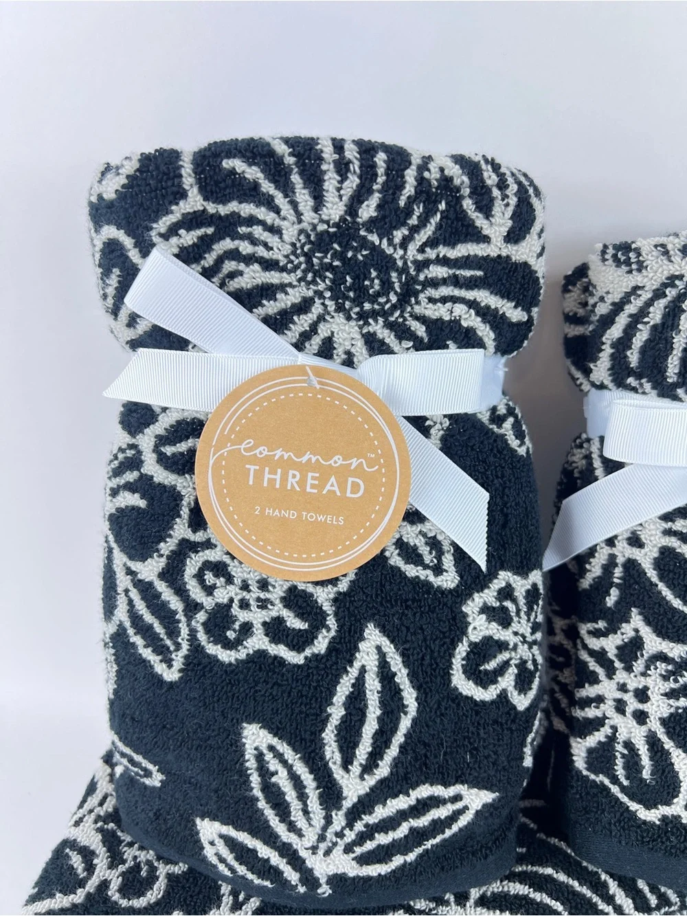 Common Thread Bath Towel Set Bold Black Cream Floral Soft Cotton 6 Pc NEW